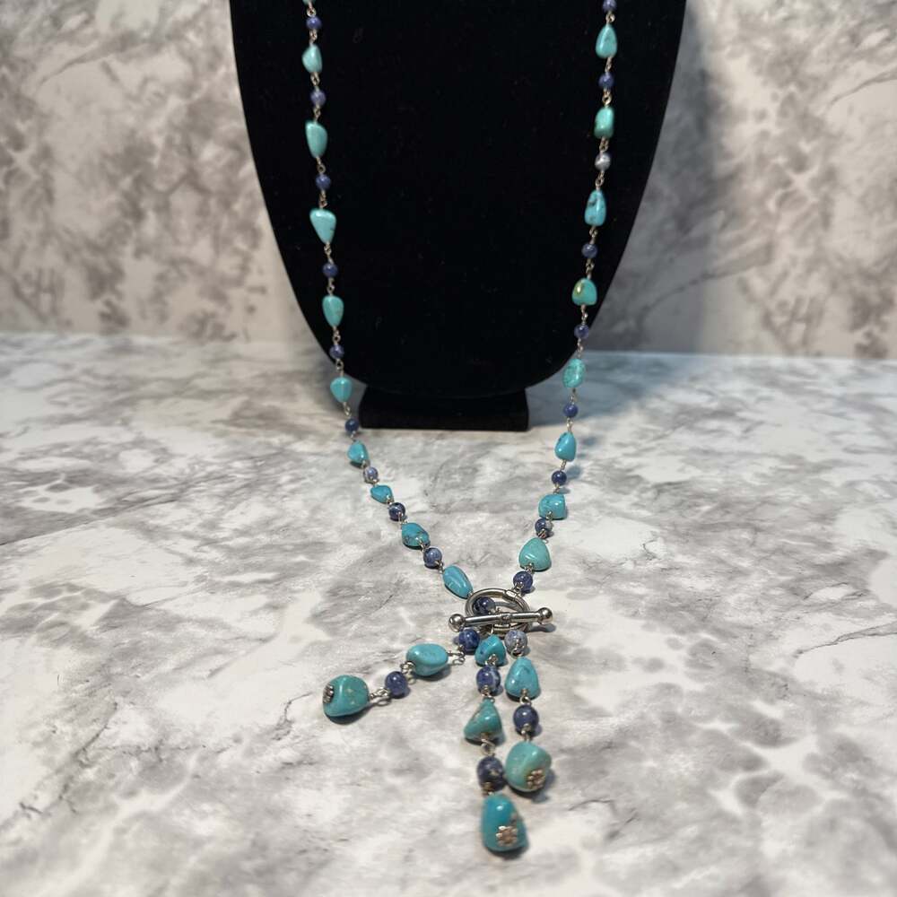 Artisan Turquoise and Lapis‎ Lazuli Sterling Silver Y-Drop Tassel Necklace